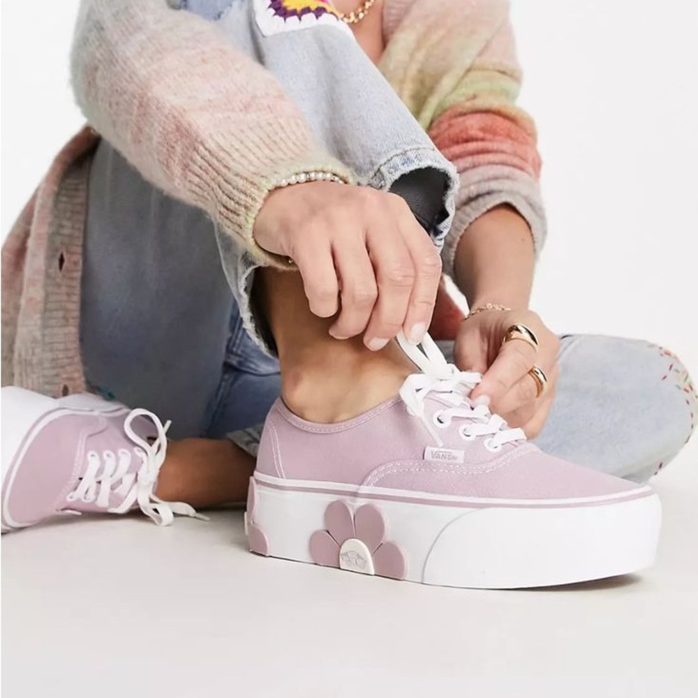 Vans Lavender and White Flower Platform Sneakers